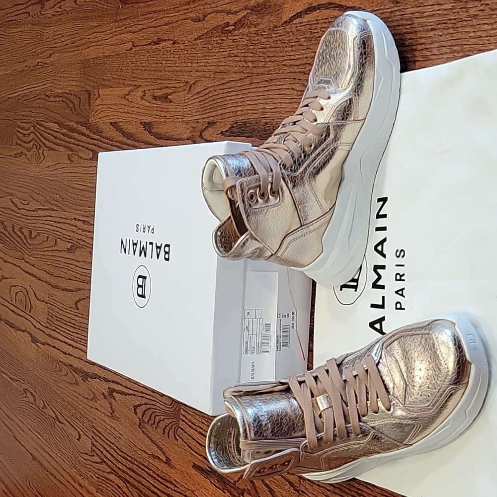 Balmain Shiny Gold High-Top Sneakers